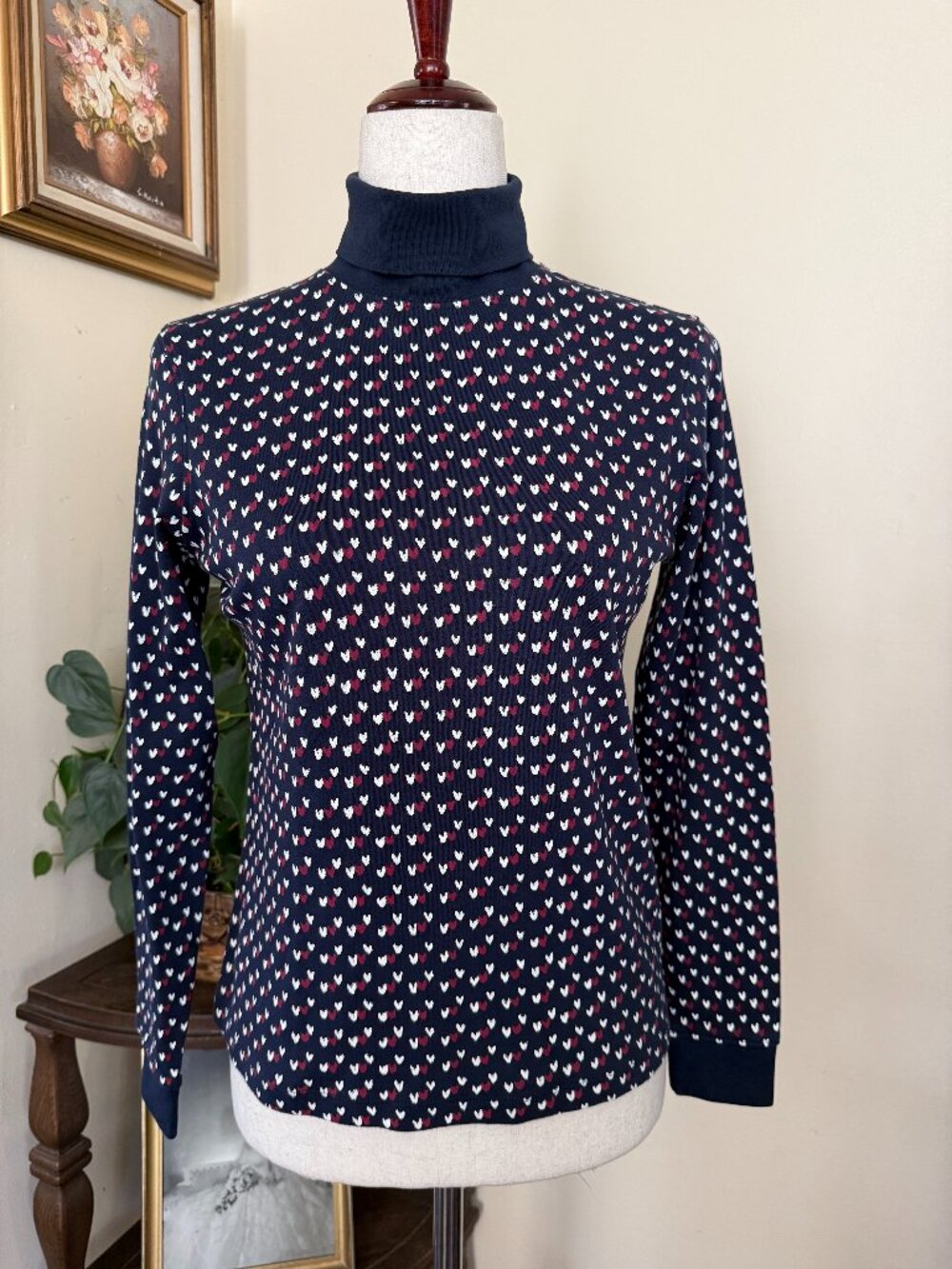 LL Bean Navy Blue Heart Turtleneck sz XS Petite NEW